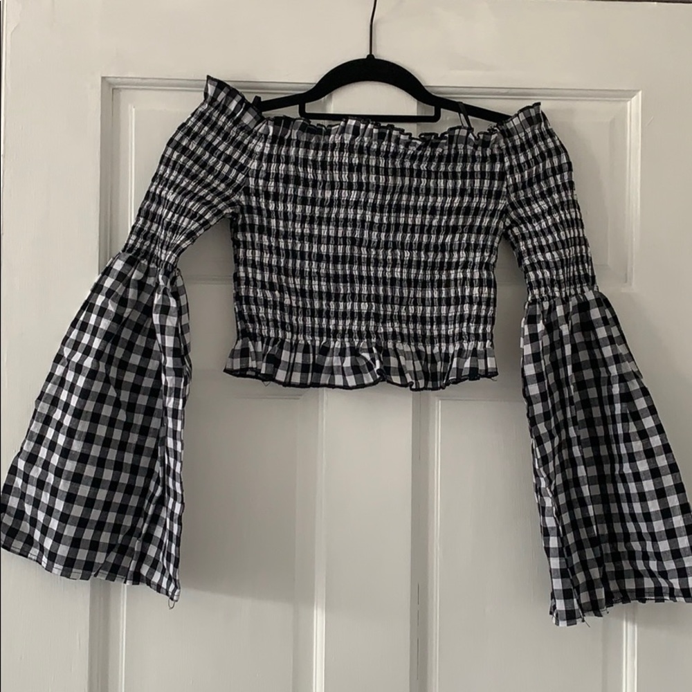 Plaid off the shoulder long sleeve crop top